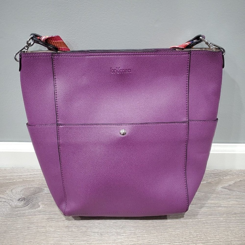 BROMEN Purse Large Bucket Bag Hobo Vegan Leather Handbag Purple Colored Strap - Picture 2 of 16